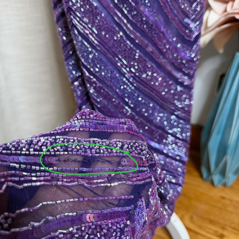 Vintage Y2K Scala Glass Beaded Silk Chevron Maxi Dress Purple Gown Womens Medium - Picture 14 of 15